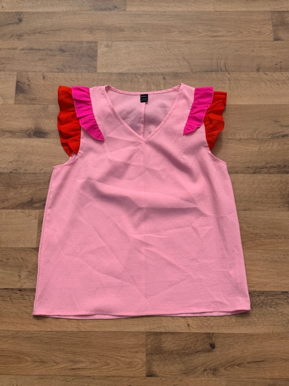 SHEIN Pink V-Neck Tank with Red and Hot Pink Ruffle Sleeves